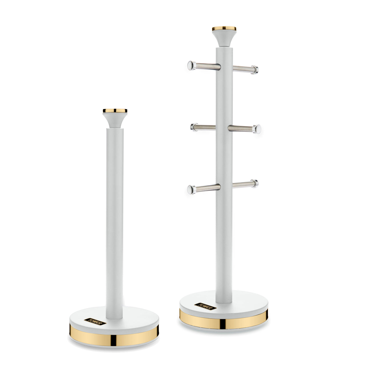 Two Optic White towel pole and mug tree sets with gold top caps and bases