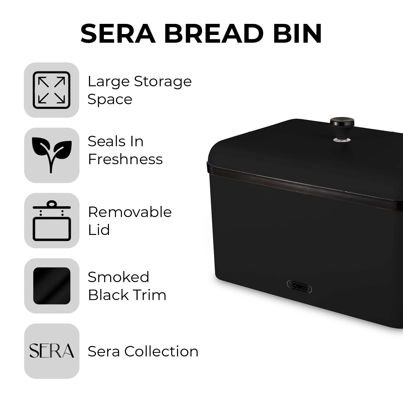 Tower Sera Bread Bin Kitchen Storage T826136BLK (Black)