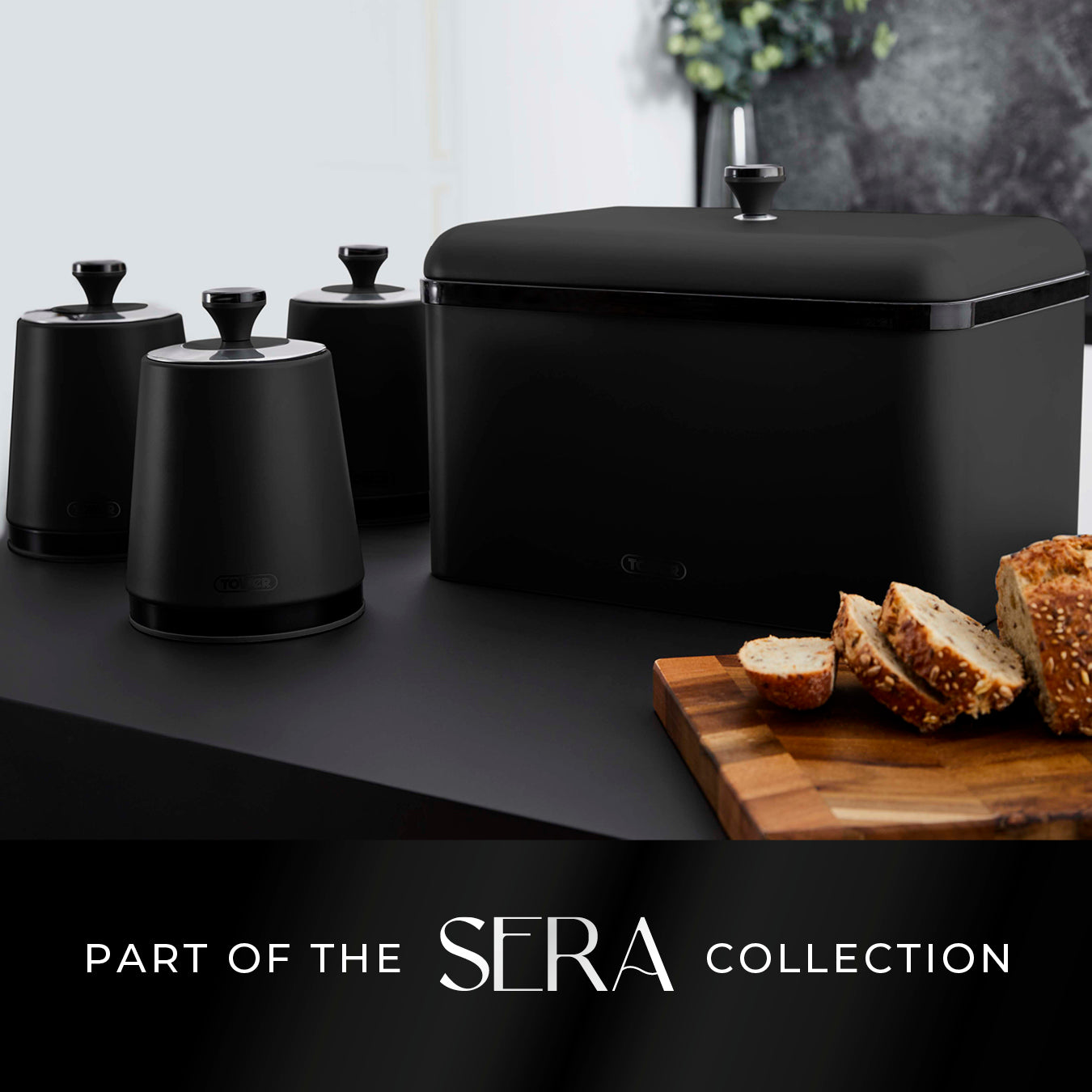 Tower Sera Kettle, 4 Slice Toaster, Bread Bin & Canisters (Black)