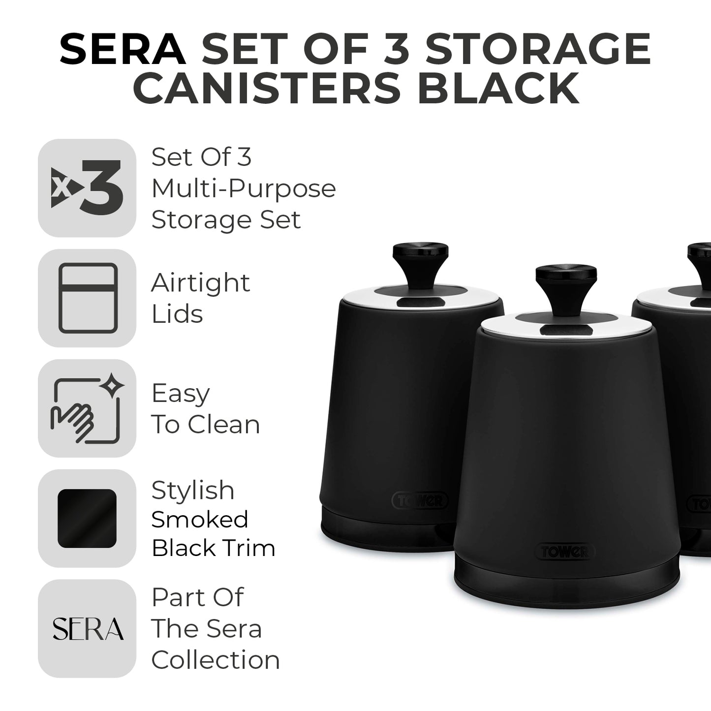 Tower Sera Bread Bin & Canisters Kitchen Storage Set (Black)