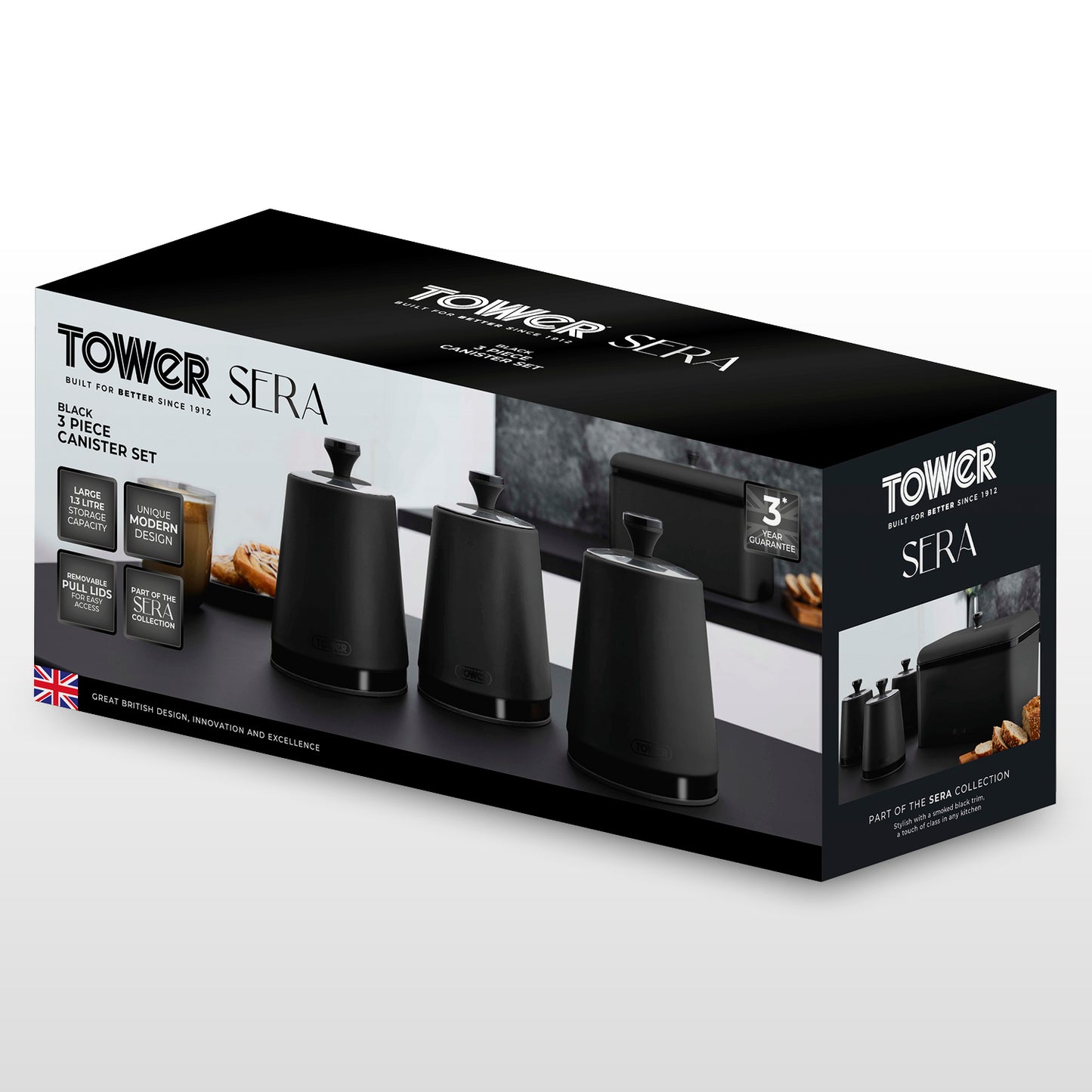 Tower Sera Bread Bin & Canisters Kitchen Storage Set (Black)