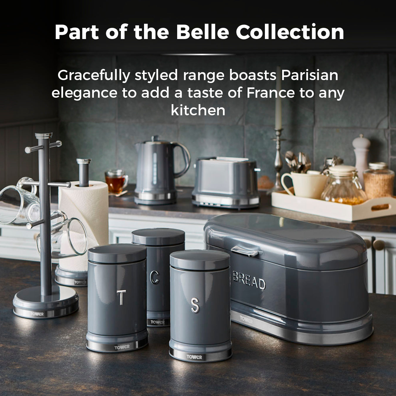 Tower Belle Bread Bin & Canisters Kitchen Set (Graphite Grey)