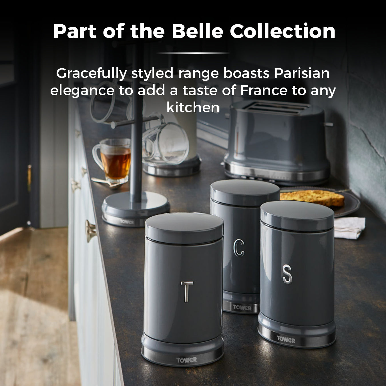 Tower Belle Bread Bin & Canisters Kitchen Set (Graphite Grey)