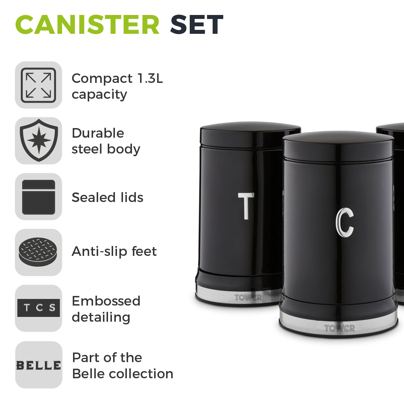 Tower Belle Noir Black Bread Bin and Canister Kitchen Set