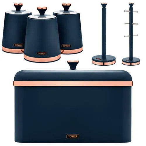 The Tower Cavaletto Midnight Blue 6pc Kitchen Set including Bread Bin, Canisters, Towel Pole and Mug Tree