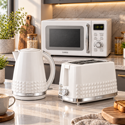 Tower Tower Solitaire Kettle, 2 Slice Toaster & Microwave Kitchen Set (White)