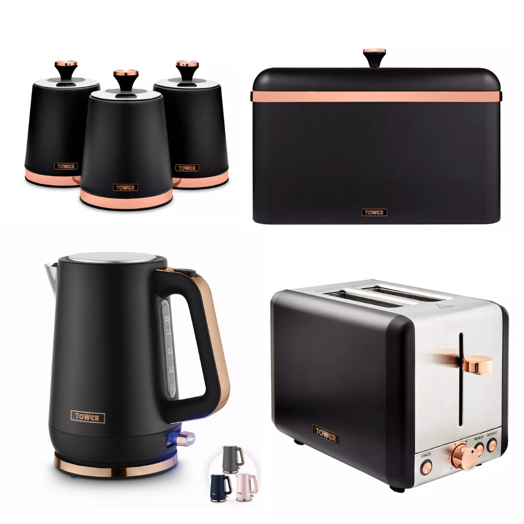 Tower Cavaletto Jug Kettle, 2 Slice Toaster, Canisters & Bread Bin (Black)