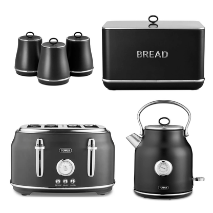 Tower Tower Renaissance Kettle, 4 Slice Toaster, Bread Bin & Canisters Kitchen Set (Black)