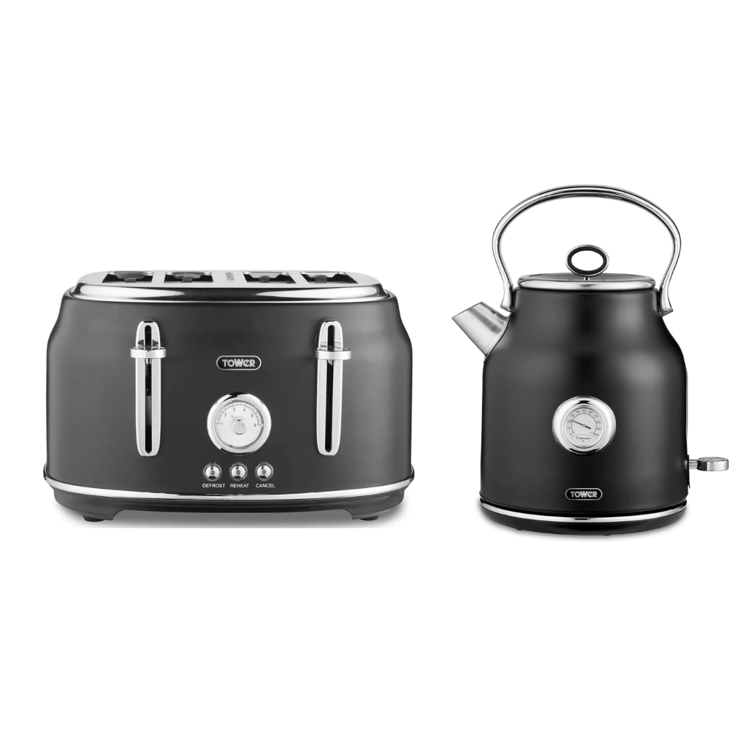 Black 4-slice toaster and matching kettle kitchen set, with metal controls