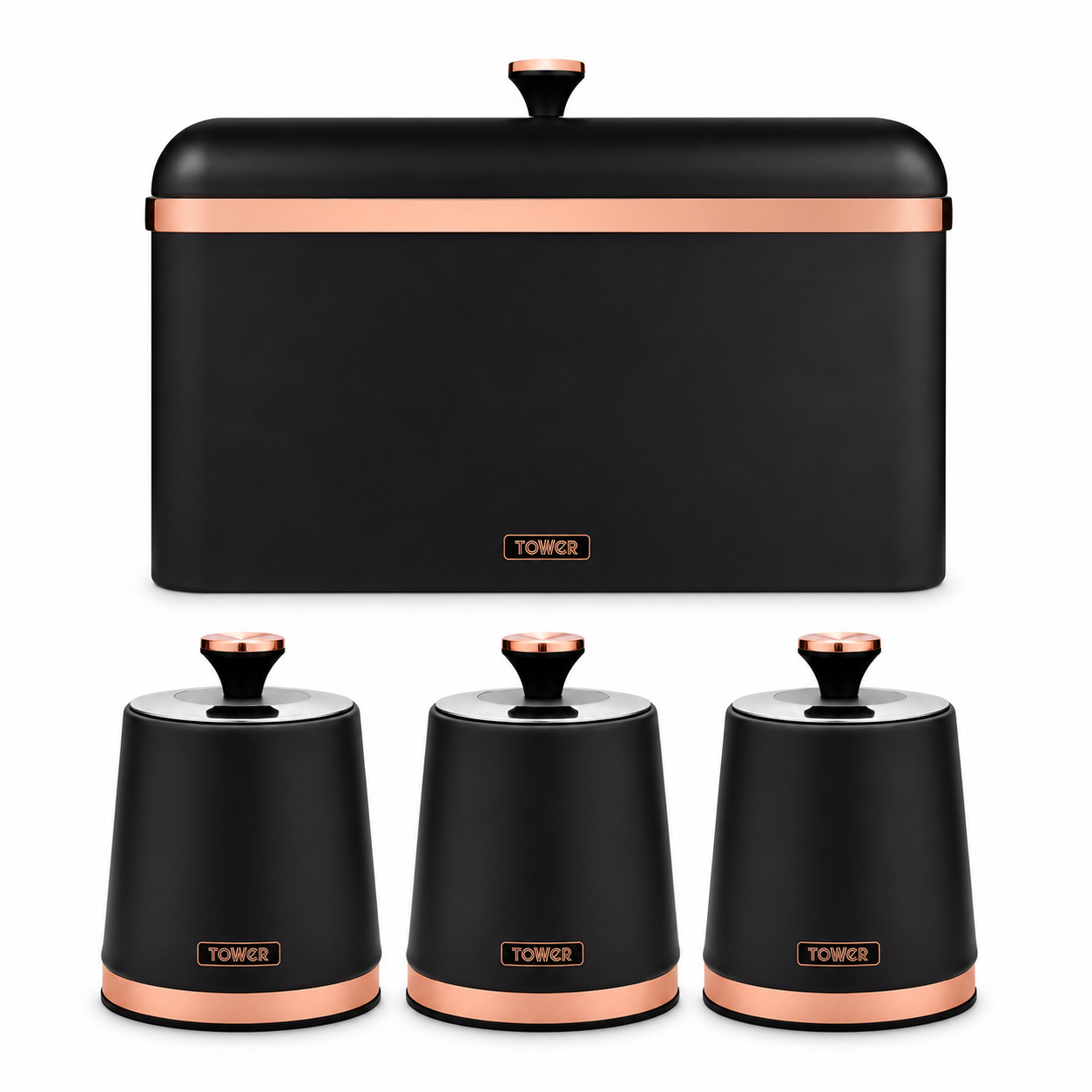 Black bread bin and three canisters with copper-tone accents, matching lids