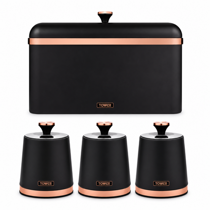 Black bread bin and three canisters with copper-tone accents, matching lids