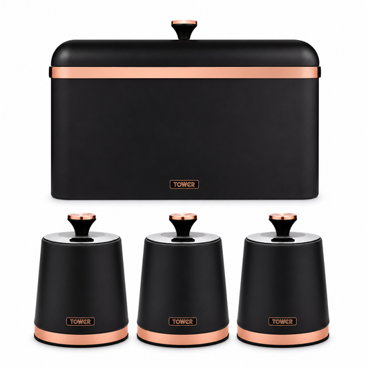 Black bread bin and three canisters with copper-tone accents, matching lids