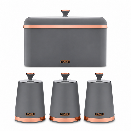 Grey bread bin and canisters set, dark grey with copper-tone lids and trim