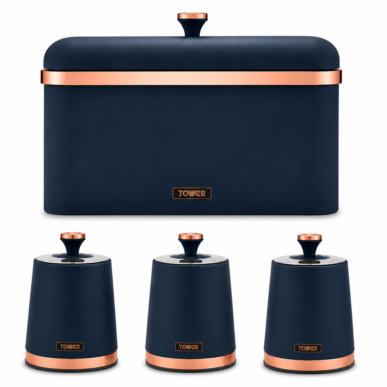 Midnight blue bread bin with copper lid, plus three matching countertop storage canisters