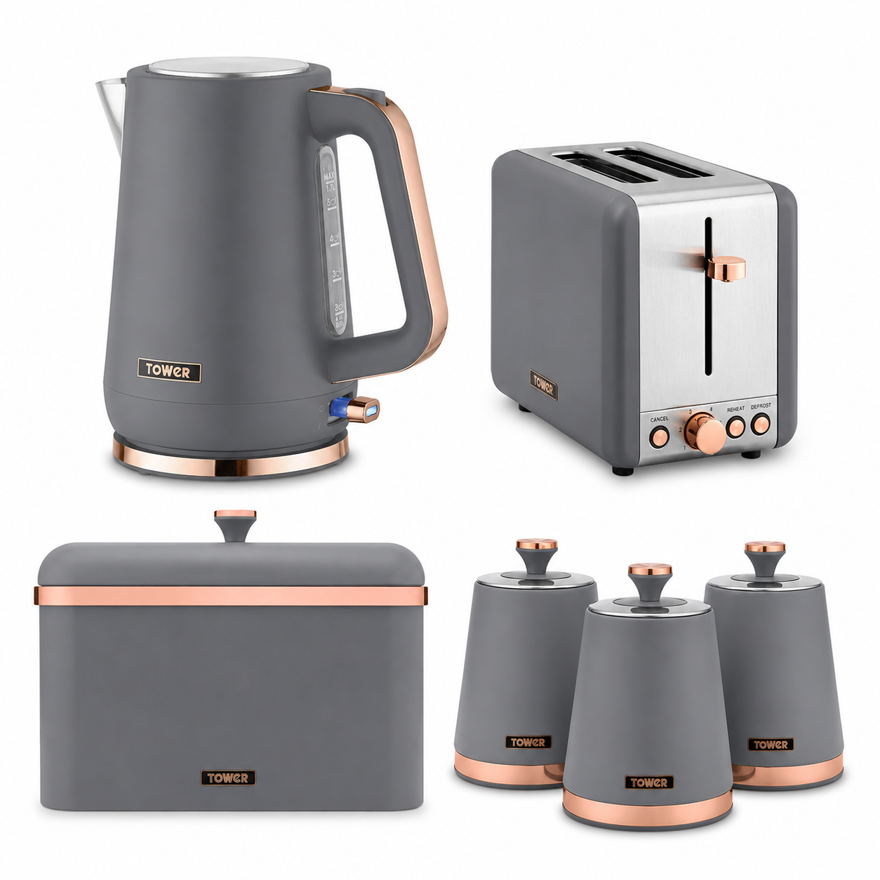 Tower Tower Cavaletto Jug Kettle, 2 Slice Toaster, Bread Bin & Canisters Kitchen Set (Grey)