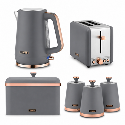 Tower Tower Cavaletto Jug Kettle, 2 Slice Toaster, Bread Bin & Canisters Kitchen Set (Grey)