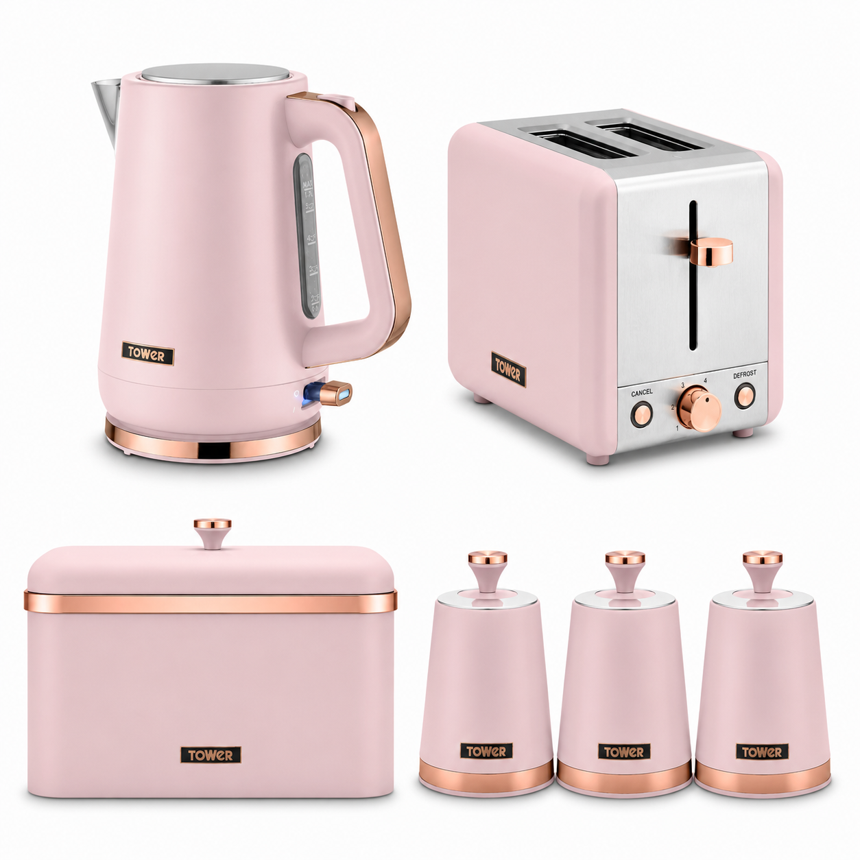 Tower Tower Cavaletto Jug Kettle, 2 Slice Toaster, Bread Bin & Canisters Kitchen Set (Marshmallow Pink)