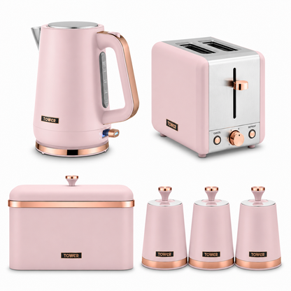 Tower Tower Cavaletto Jug Kettle, 2 Slice Toaster, Bread Bin & Canisters Kitchen Set (Marshmallow Pink)