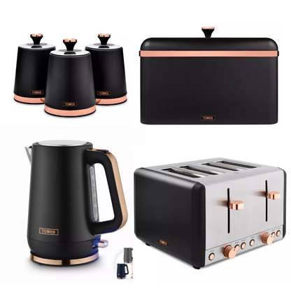 Tower Cavaletto Jug Kettle, 4 Slice Toaster, Canisters & Bread Bin (Black)