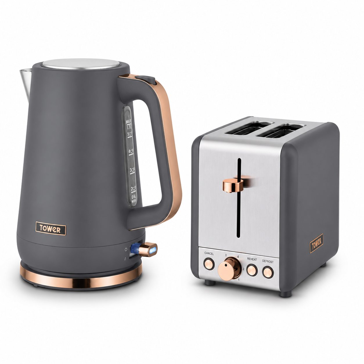 Tower Cavaletto Jug Kettle & 2 Slice Toaster Kitchen Set (Grey) Kettle & Toaster Sets