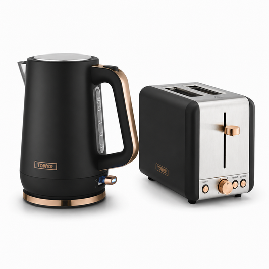A modern black electric kettle and a black-and-stainless steel two-slice toaster with rose gold accents, shown on a clean white background.
