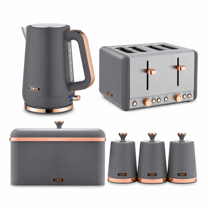 Tower Cavaletto Jug Kettle, 4 Slice Toaster, Bread Bin & Canisters Kitchen Set (Grey) Kitchen Sets