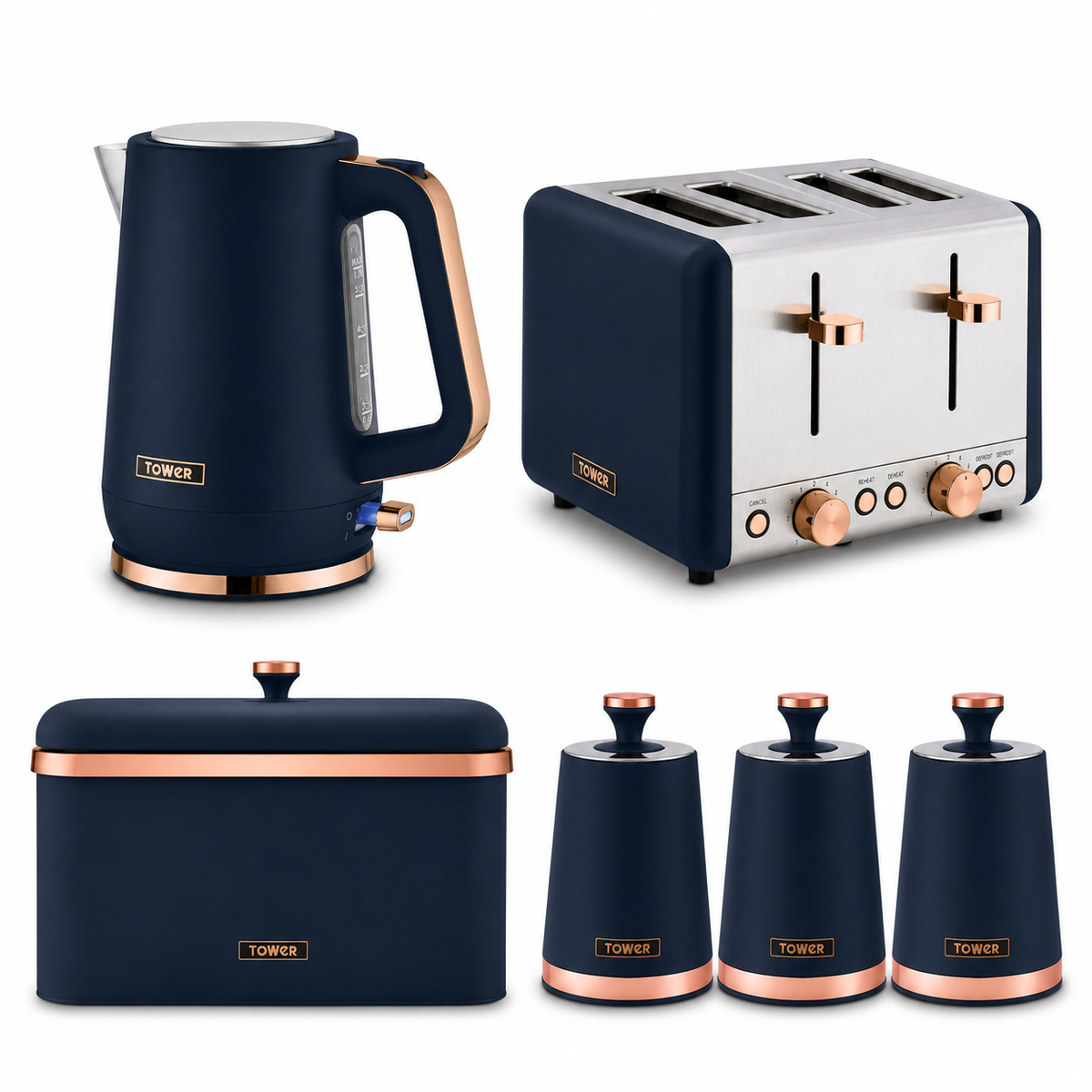 Tower Tower Cavaletto Jug Kettle, 4 Slice Toaster, Bread Bin & Canisters Kitchen Set (Midnight Blue)