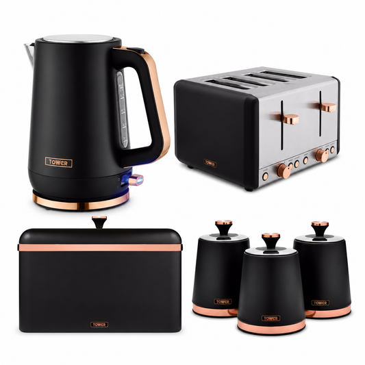 A 4-piece kitchen appliance set including a black electric kettle with rose gold accents, a 4-slice toaster with a brushed silver metal top and rose gold controls, a black bread box with a rose gold trim, and three matching black canisters with rose gold bases, all on a white background.