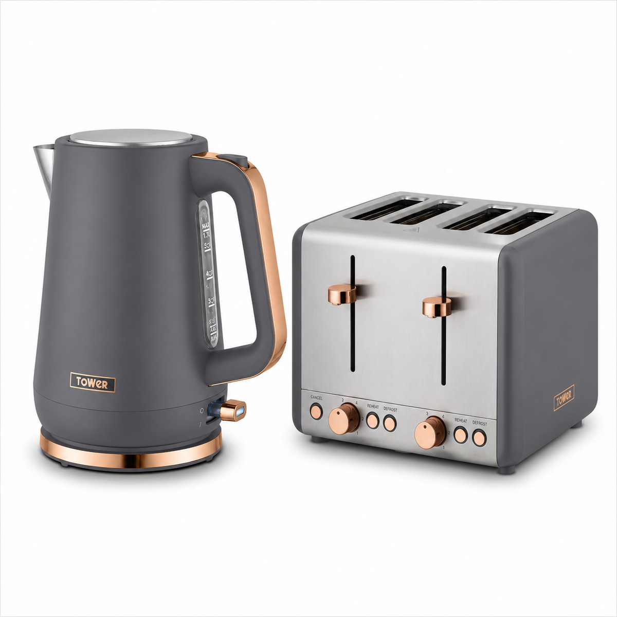 Tower Tower Cavaletto Jug Kettle & 4 Slice Toaster Kitchen Set (Grey)
