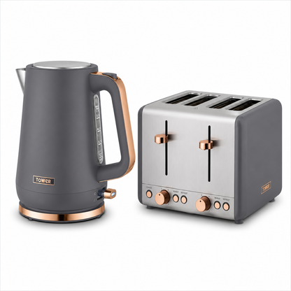 Tower Tower Cavaletto Jug Kettle & 4 Slice Toaster Kitchen Set (Grey)