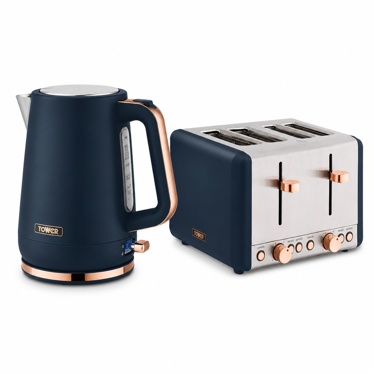 Tower Tower Cavaletto Jug Kettle & 4 Slice Toaster Kitchen Set (Midnight Blue)