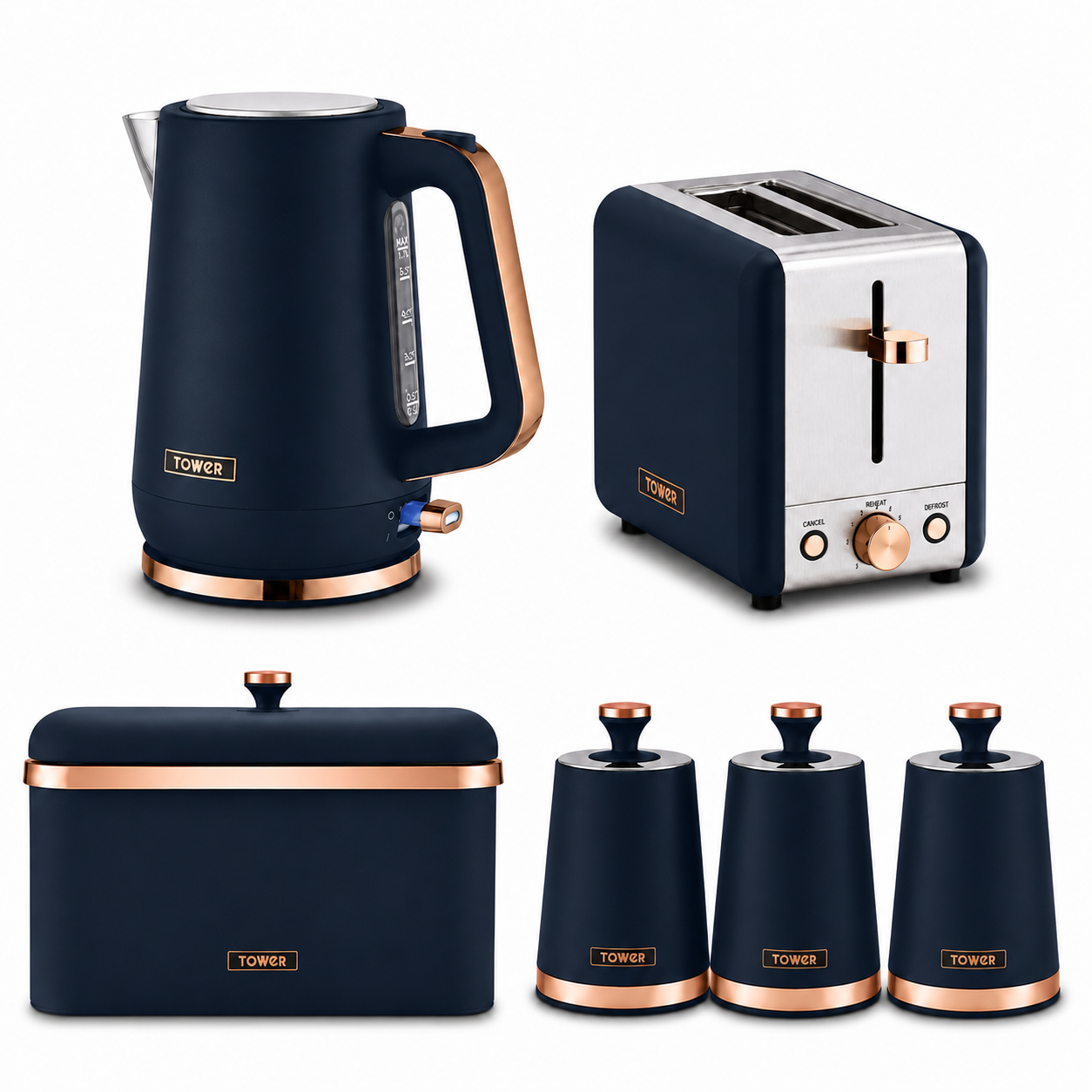 Tower Tower Cavaletto Jug Kettle, 2 Slice Toaster, Bread Bin & Canisters Kitchen Set (Midnight Blue)