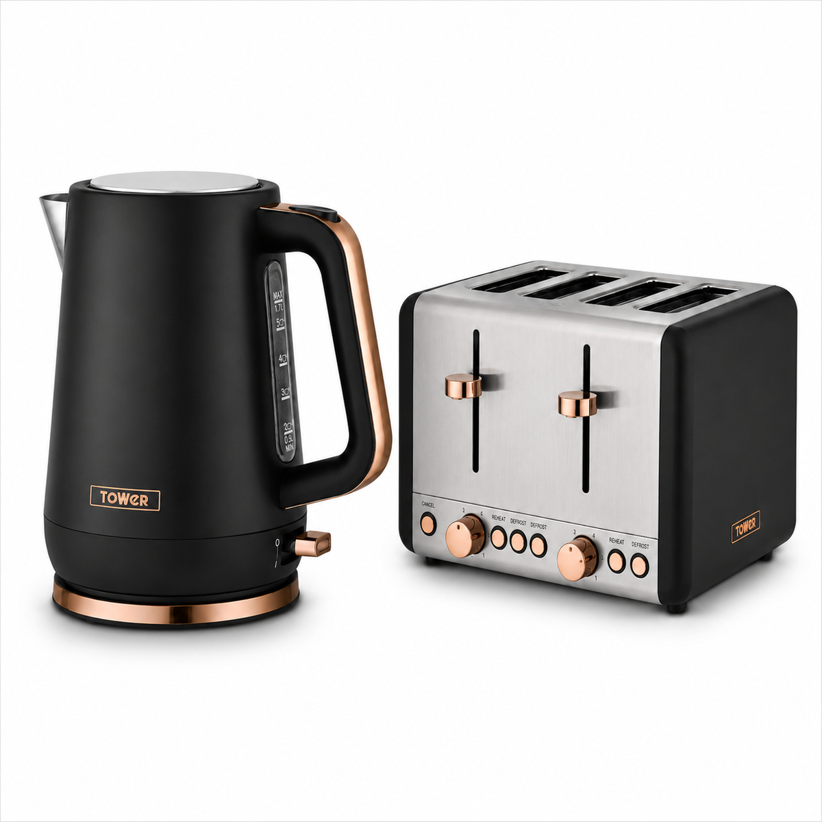 Tower Tower Cavaletto Jug Kettle & 4 Slice Toaster Kitchen Set (Black)