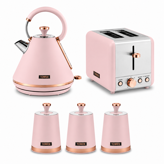 Tower Cavaletto Pyramid Kettle, 2 Slice Toaster & Canisters Kitchen Set (Marshmallow Pink)