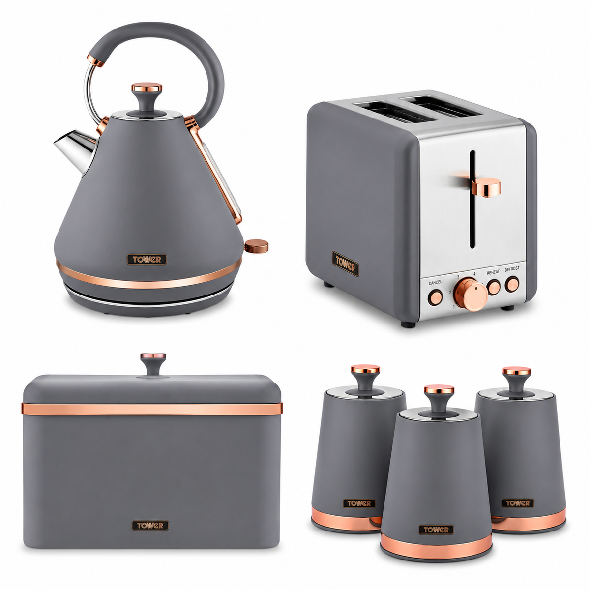 Tower Tower Cavaletto Pyramid Kettle, 2 Slice Toaster, Bread Bin & Canisters Kitchen Set (Grey)