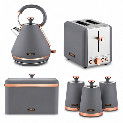 Tower Tower Cavaletto Pyramid Kettle, 2 Slice Toaster, Bread Bin & Canisters Kitchen Set (Grey)