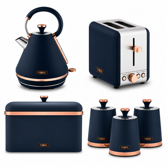 Midnight blue kitchen set with pyramid kettle, 2-slice toaster, bread bin and 4 canisters