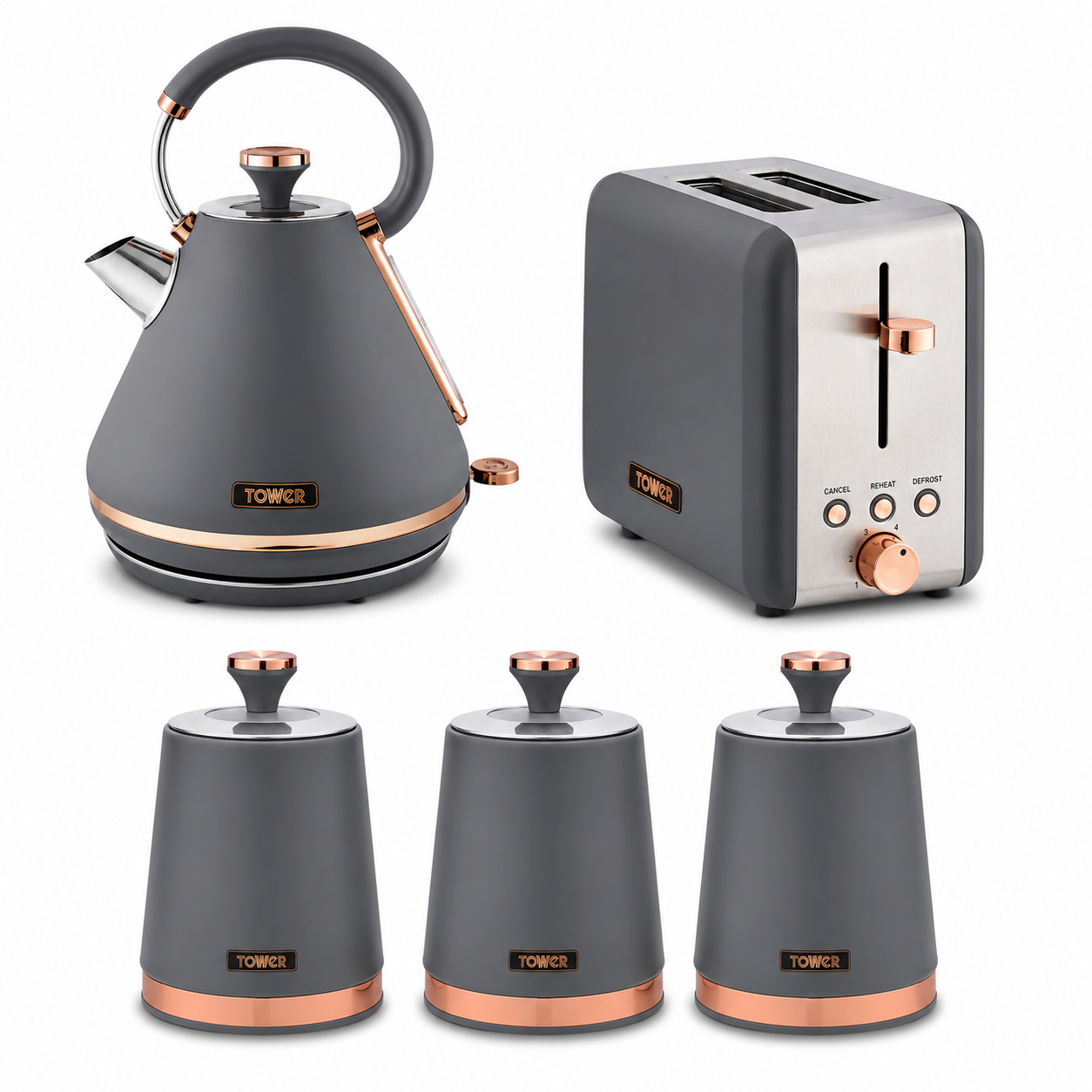 Tower Tower Cavaletto Pyramid Kettle, 2 Slice Toaster & Canisters Kitchen Set (Grey)