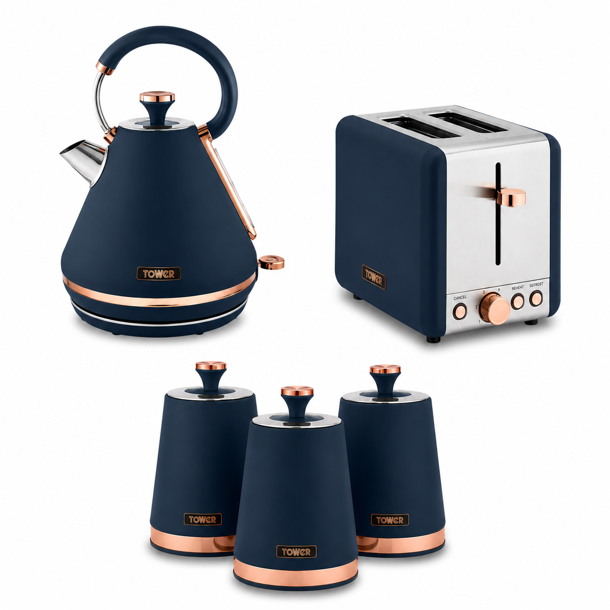 Tower Tower Cavaletto Pyramid Kettle, 2 Slice Toaster & Canisters Kitchen Set (Midnight Blue)