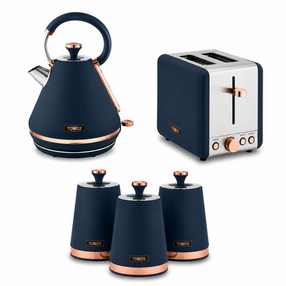 Tower Tower Cavaletto Pyramid Kettle, 2 Slice Toaster & Canisters Kitchen Set (Midnight Blue)