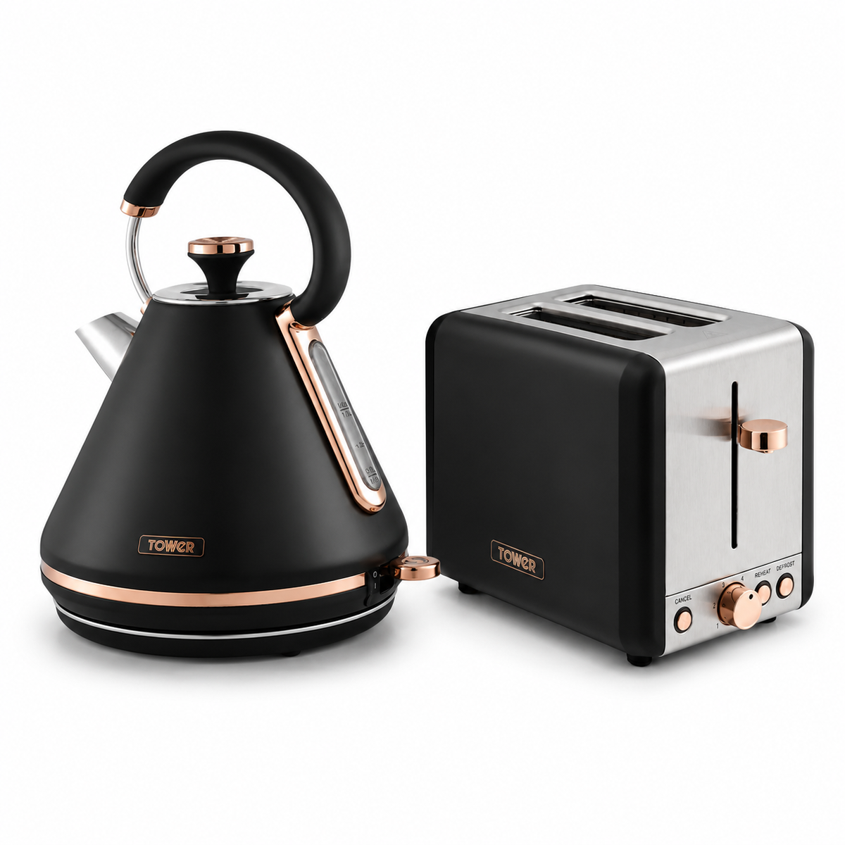 Tower Tower Cavaletto Pyramid Kettle & 2 Slice Toaster Kitchen Set (Black)
