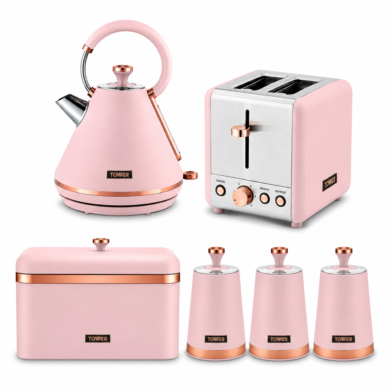 Marshmallow pink kitchen appliance and storage set: kettle, toaster, bread bin, 4 canisters