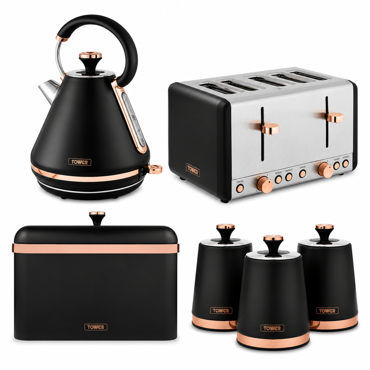 Tower Tower Cavaletto Pyramid Kettle, 4 Slice Toaster, Bread Bin & Canisters Kitchen Set (Black)
