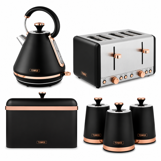 Black kitchen countertop set: kettle, 4-slice toaster, bread bin, and canisters with copper accents