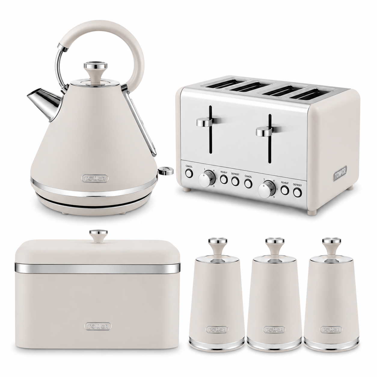 Tower Tower Cavaletto Pyramid Kettle, 4 Slice Toaster, Bread Bin & Canisters Kitchen Set (Latte)
