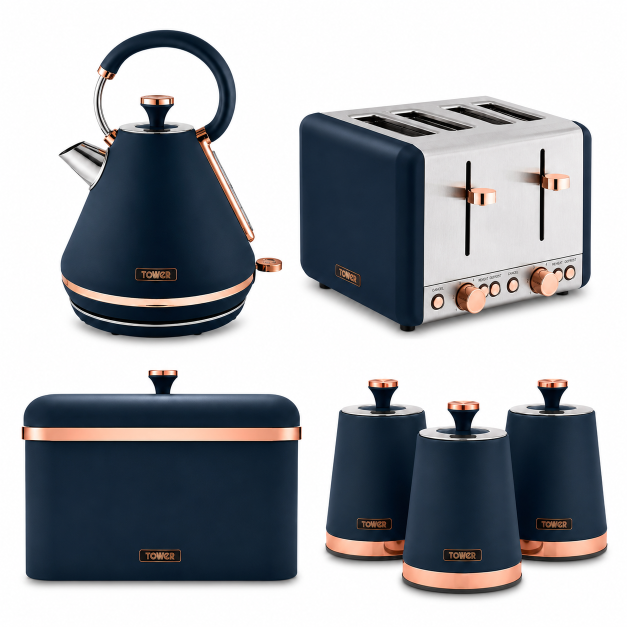 Tower Tower Cavaletto Pyramid Kettle, 4 Slice Toaster, Bread Bin & Canisters Kitchen Set (Midnight Blue)