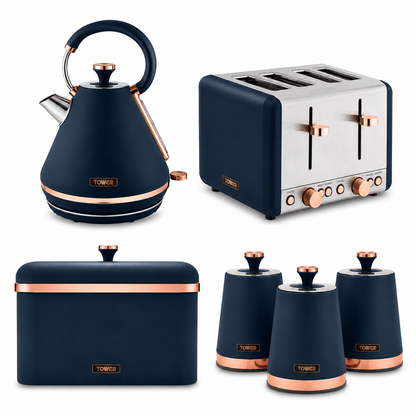Tower Tower Cavaletto Pyramid Kettle, 4 Slice Toaster, Bread Bin & Canisters Kitchen Set (Midnight Blue)