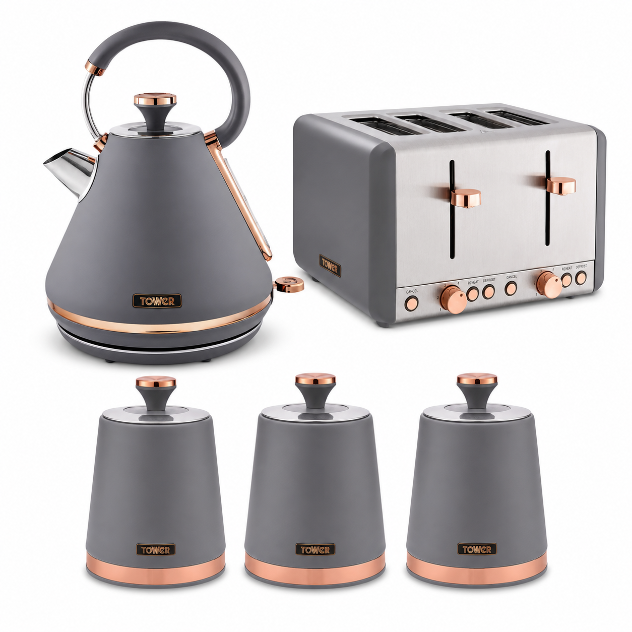 Tower Tower Cavaletto Pyramid Kettle, 4 Slice Toaster & Canisters Kitchen Set (Grey)