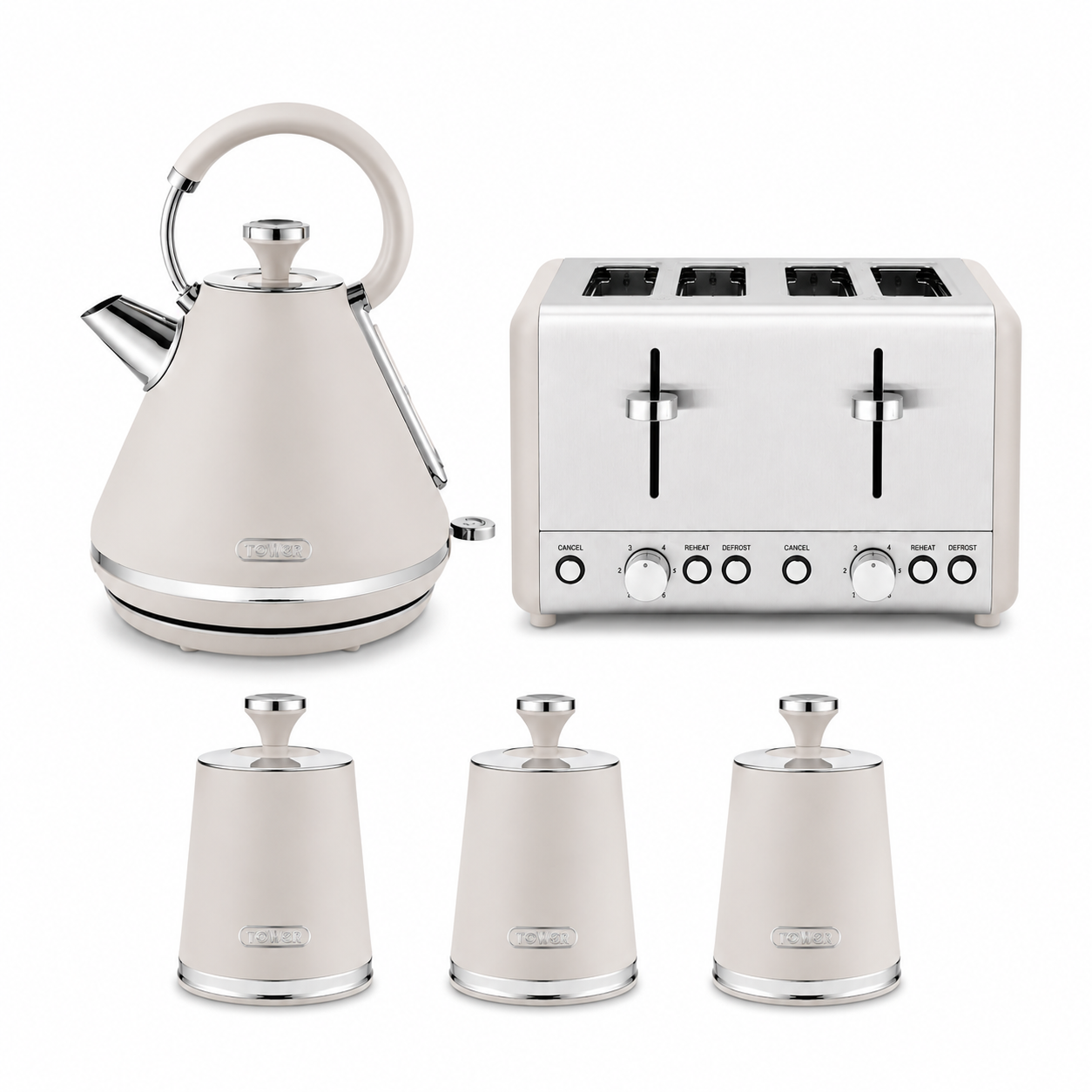 Tower Tower Cavaletto Pyramid Kettle, 4 Slice Toaster & Canisters Kitchen Set (Latte)