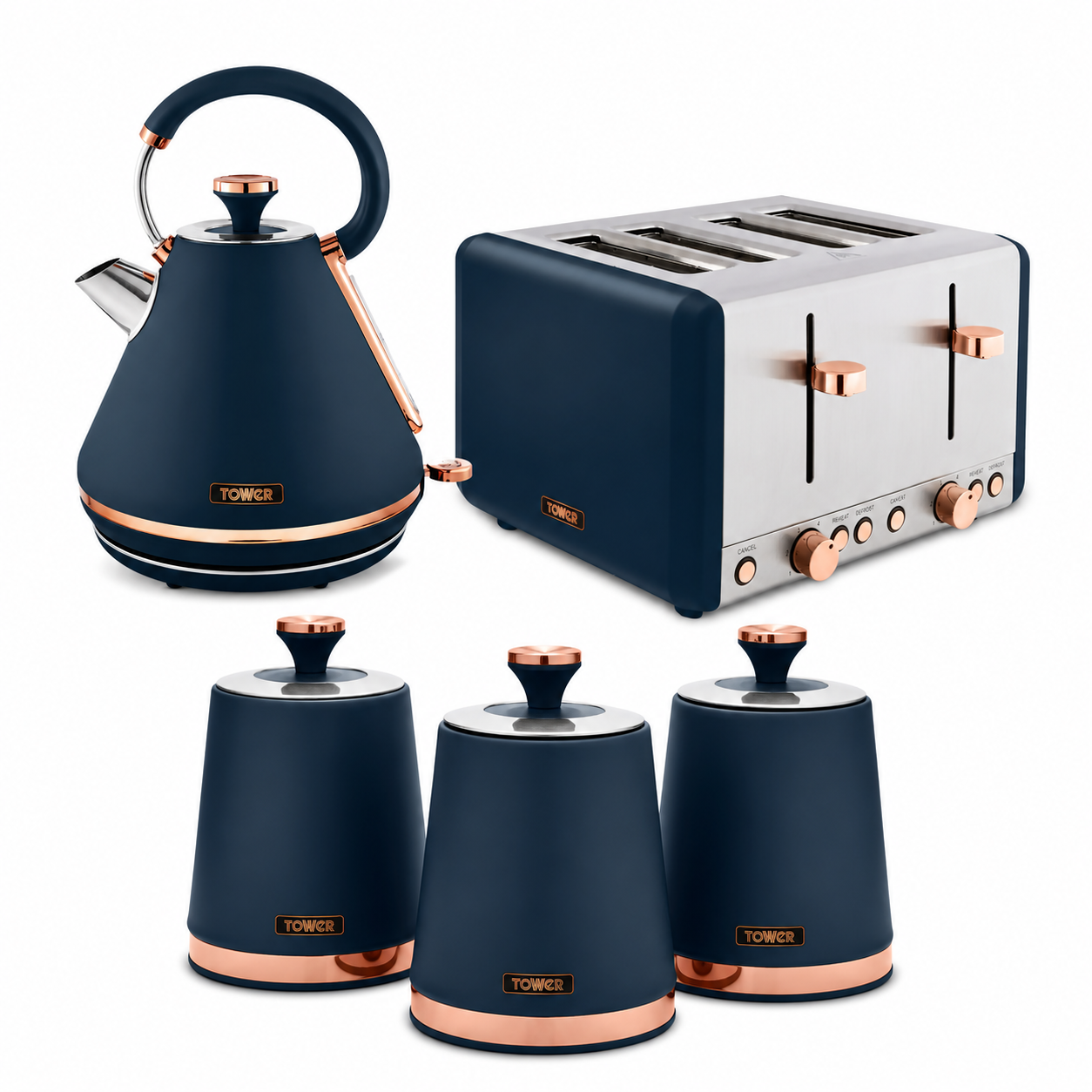 Tower Tower Cavaletto Pyramid Kettle, 4 Slice Toaster & Canisters Kitchen Set (Midnight Blue)